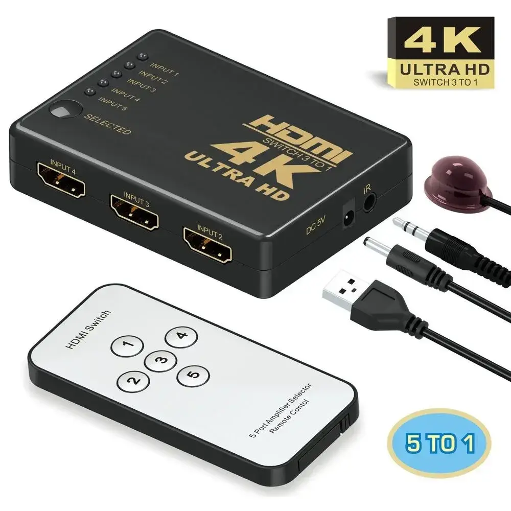 5 Ports HDMI Switch Supports 4K, Full HD1080p, 3D with IR Remote